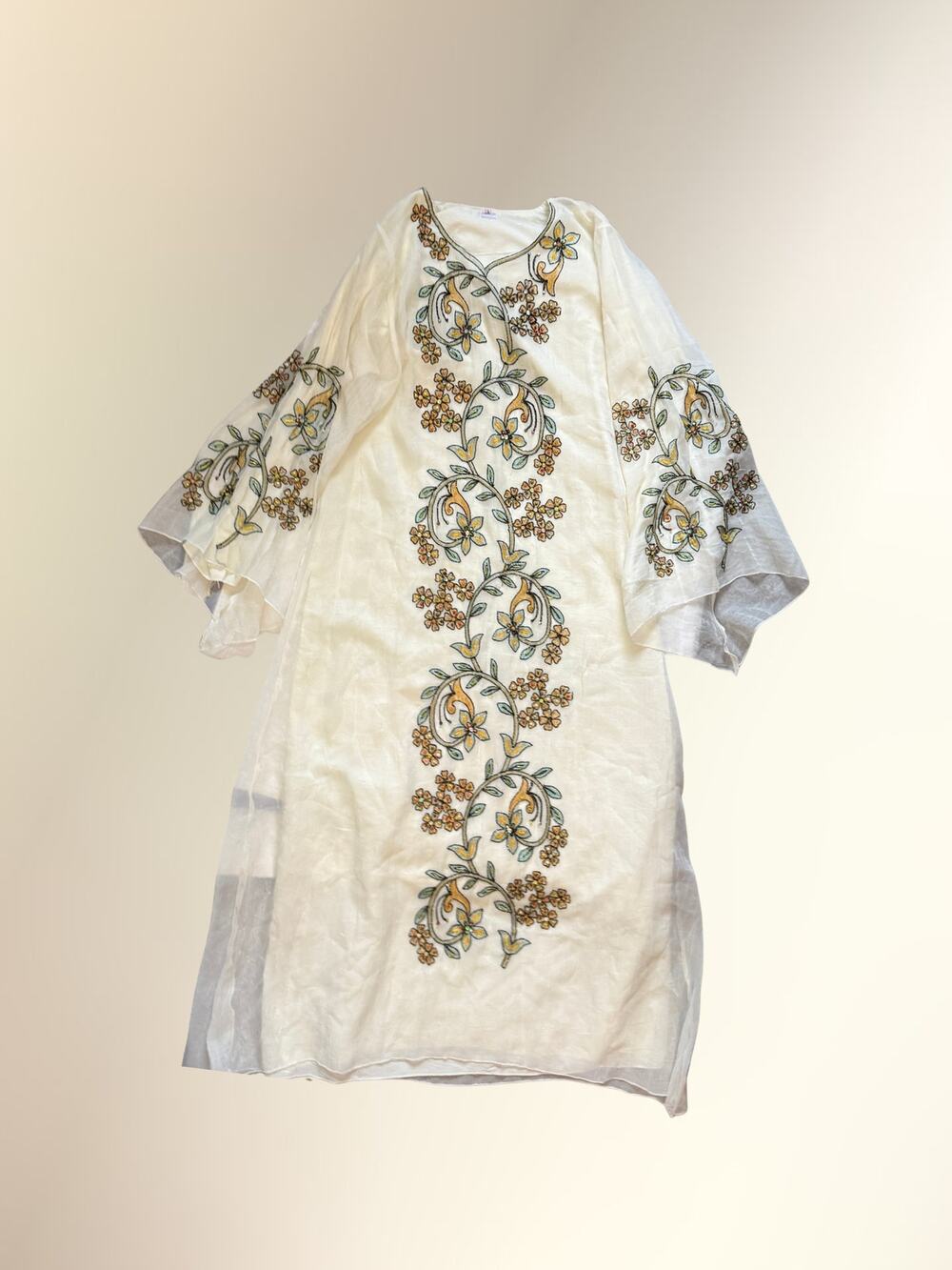 Vintage Amritsar Cream Gold Beaded Floral Embroidered Sheer Kaftan Maxi Dress